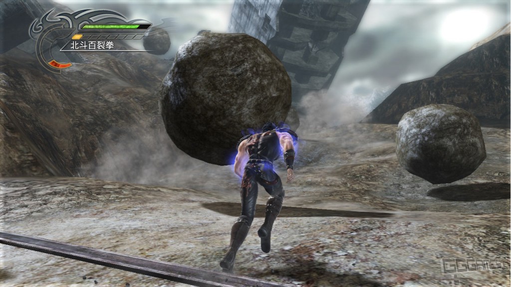 Kenshiro dodging falling boulders