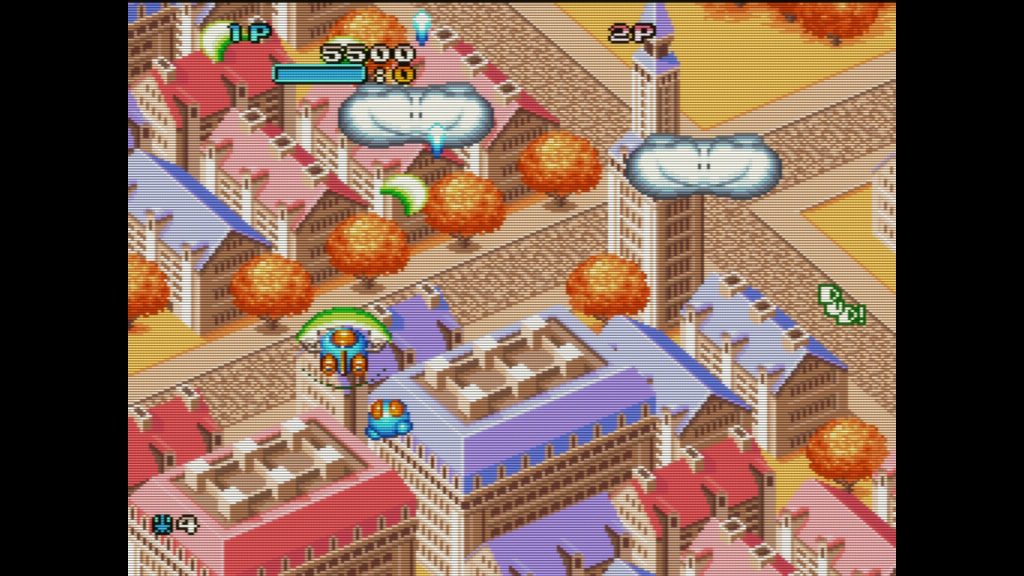 Twinbee flying over a town